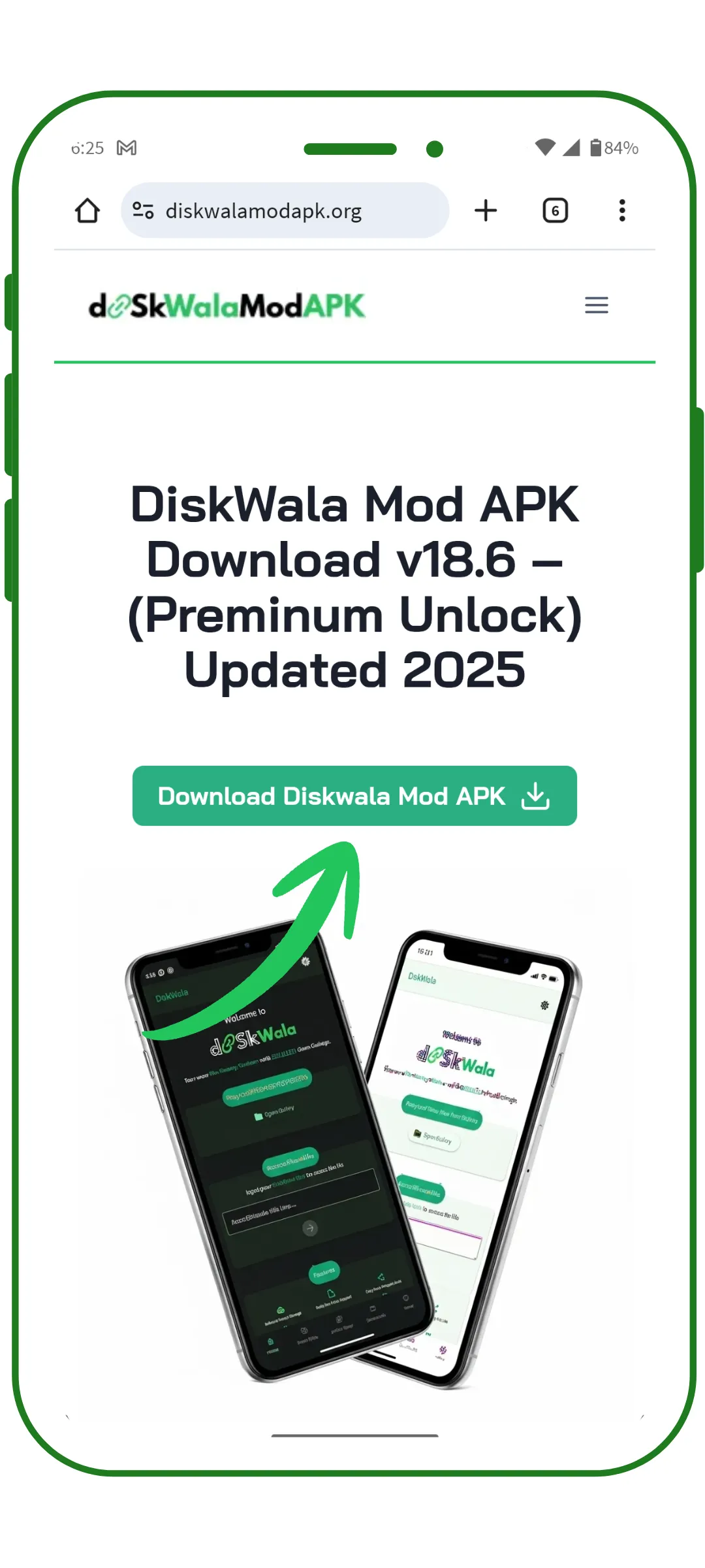 DiskWala Mod APK download page featuring a prominent download button and app details on a digital interface.