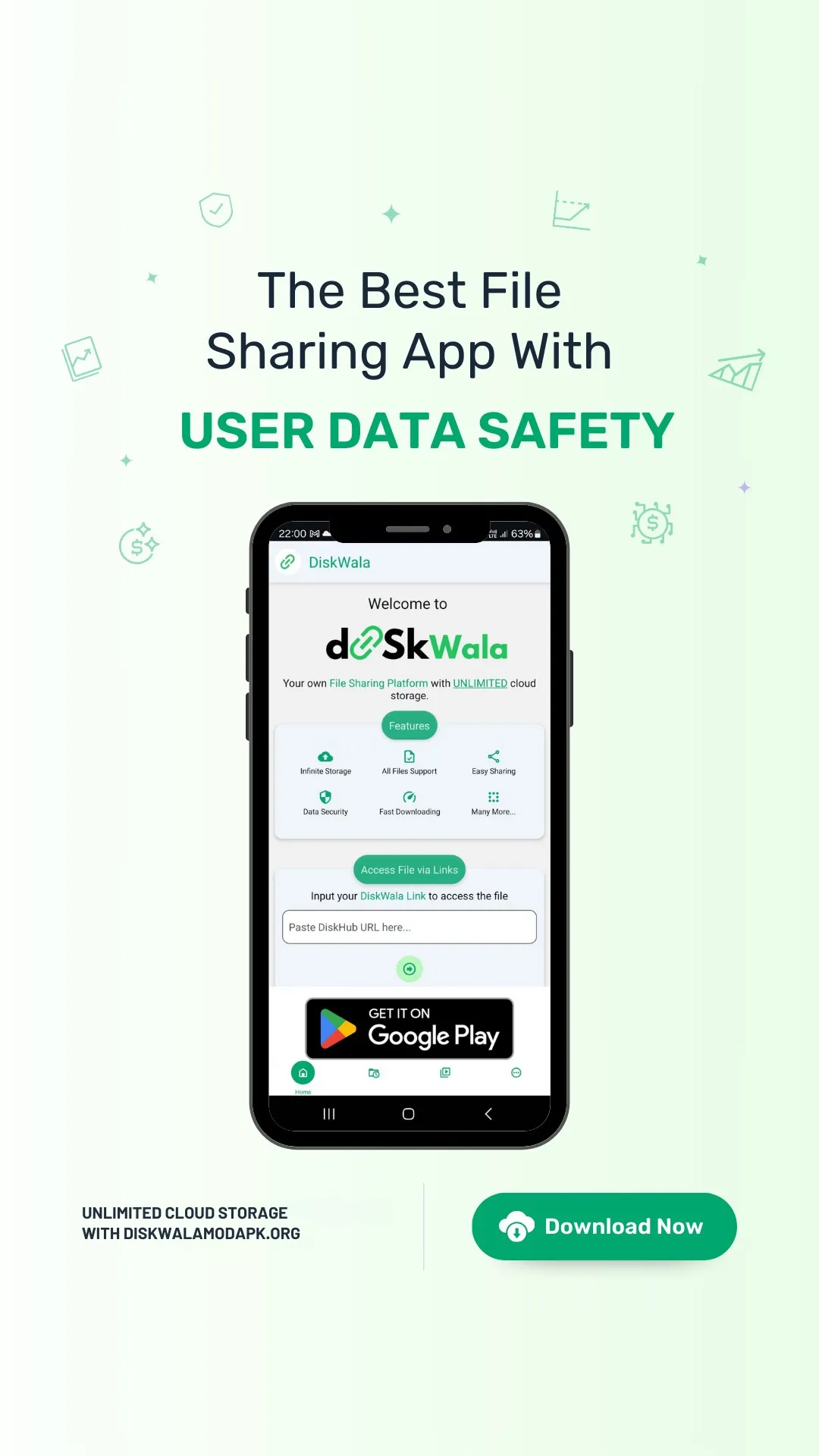 File sharing app interface highlighting user data safety features and secure sharing options.