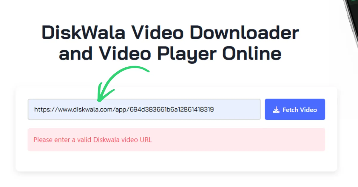 Diskala video downloader and player showing arrow on search bar button.